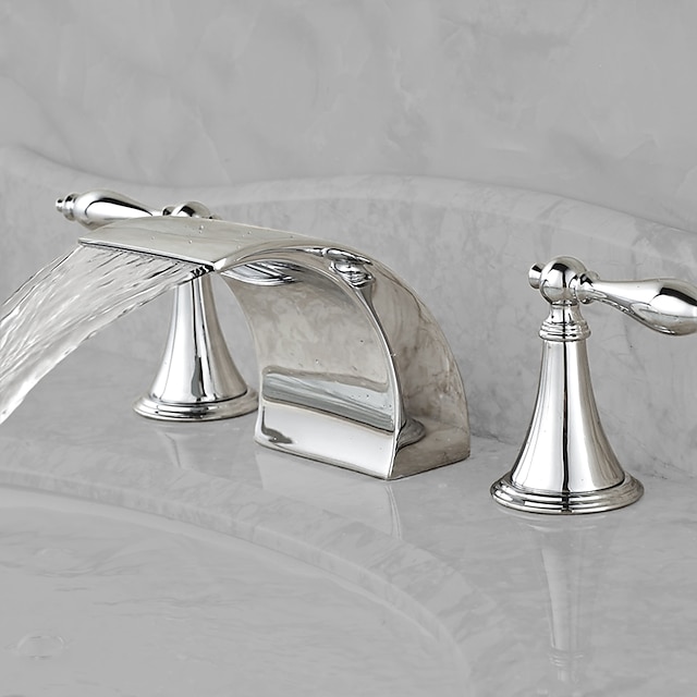  Robinet de lavabo de salle de bain, cascade chrome répandu mélangeurs robinets de bain à trois trous avec interrupteur chaud et froid et vanne en céramique