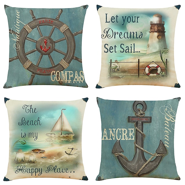 Home & Garden Home Decor | Set of 4 Nautical Anchor Square Decorative Throw Pillow Cases Sofa Cushion Covers 18x18 Faux Linen Cu