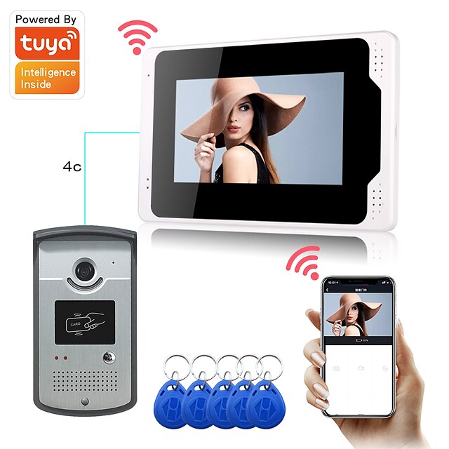  WIFI / Wired Recording 7 inch Hands-free Montor Video Doorphone with Tuya APP 1080P HD Camera Motion Detect Support RFID Unlock