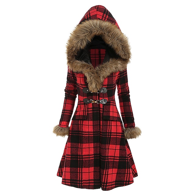 Fall Winter Long Coat Regular Fit, Red And Black Plaid Winter Coat Womens