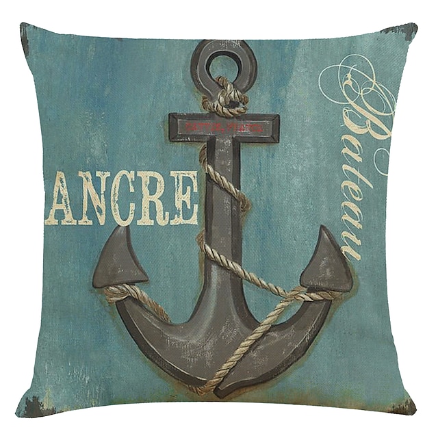 Home & Garden Home Decor | Set of 4 Nautical Anchor Square Decorative Throw Pillow Cases Sofa Cushion Covers 18x18 Faux Linen Cu