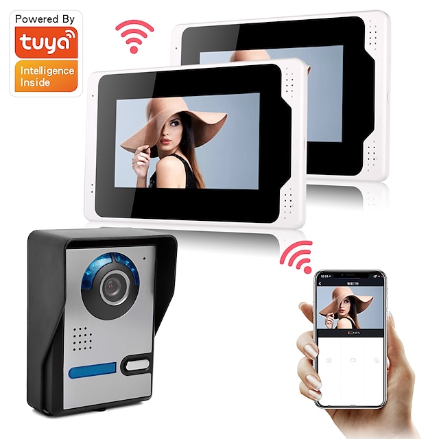  Wired & Tuya Wifi Smart Video Doorbell 1080P Support Remote Control Smart Life Doorbell Cloud Camera 7inch Monitor Snapshot and Recording Motion Detect