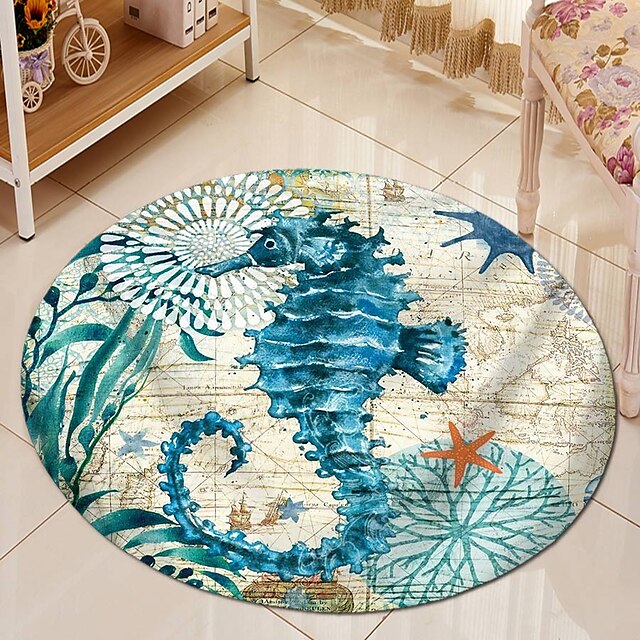 Home & Garden Bath Accessories | Ocean Seahorse Pattern Round Type Mat Carpet Door Mat for Bedroom and Living Room Carpet Bathro