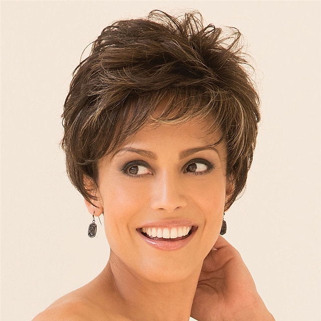  Synthetic Wig Curly Pixie Cut Wig Short Dark Brown Silver Synthetic Hair Women's Fashionable Design Cool Exquisite Silver Dark Brown