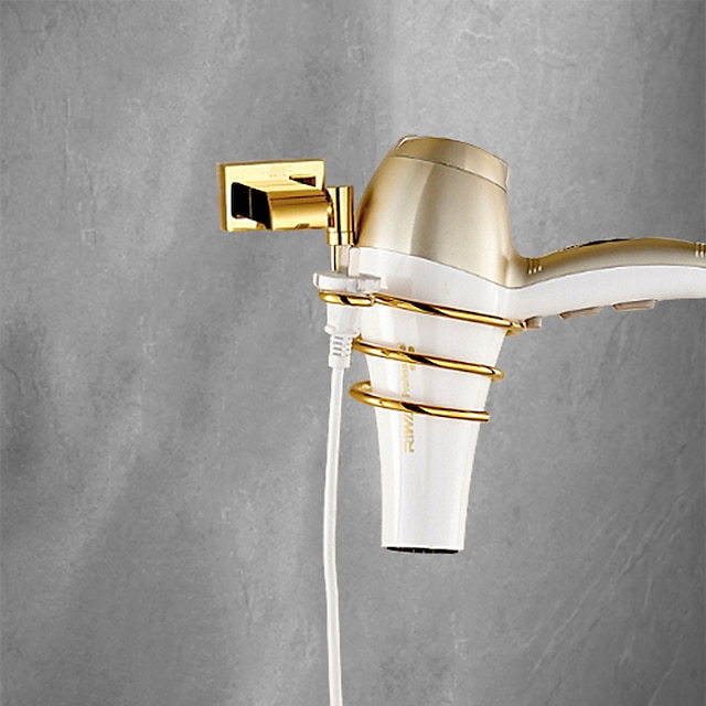  držák na vysoušeč vlasů moderní mosazný materiál koupelnová polička nový design nástěnná zlatá 1 ks