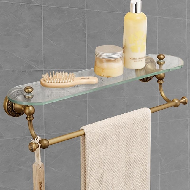  Multifunction Towel Rack with Glass Shelf for Bathroom Decor Wall Mounted Matte Brass 1pc 