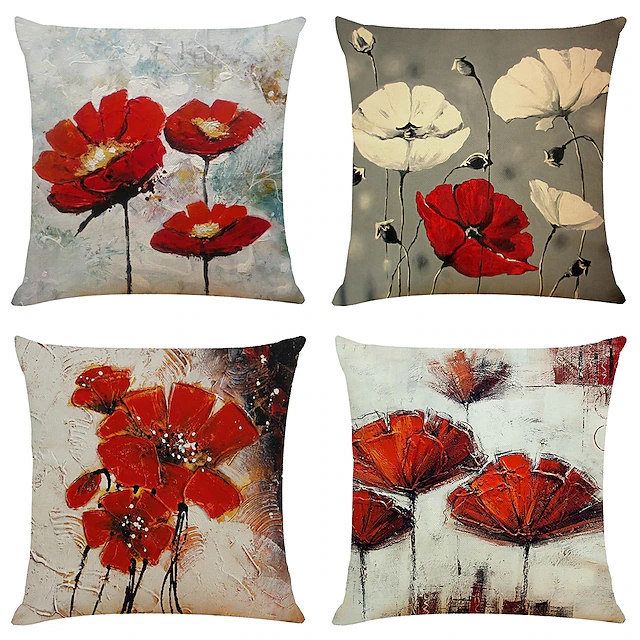 Set of 4 Artistic Flowers Square Decorative Throw Pillow Cases Sofa Cushion Covers Home Sofa Decorative Faux Linen Cushion Cover for Sofa Couch Bed Chair Red 12