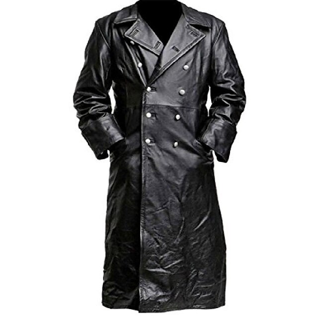 Men's Coat Faux Trench Leather Duster Coat german classic officer ...