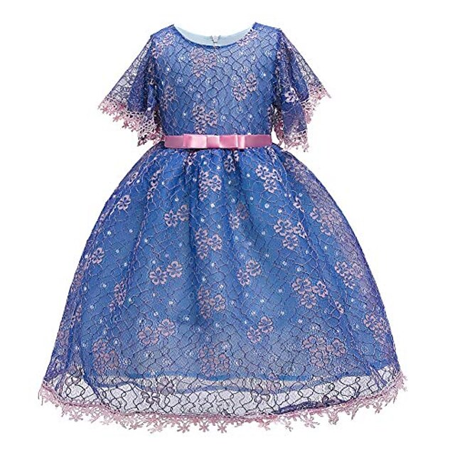 girls floral lace flower girl fancy princess summer dress short sleeve 2-10year, blue, 6-7 years