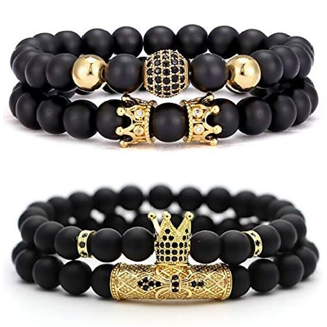  4 pcs 8mm crown king charm beads bracelet for men women natural black matte onyx stone beads father's day gift, 7.5