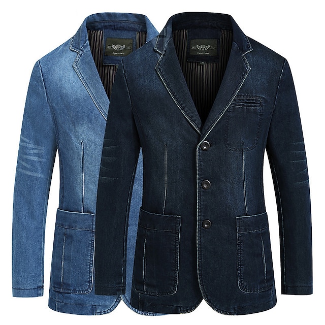  Men's Denim Jacket Going out Coat Casual Daily Jacket non-printing Solid Color Light Blue Navy Blue