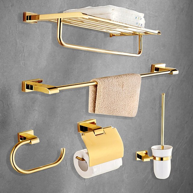  Bathroom Accessory Set Polished Brass Include Toilet Paper Holders/Bathroom Shelf/Tower Bar/Toilet Brush Holder Wall Mounted Golden 5pcs
