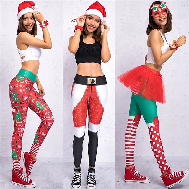  Women's High Waist Christmas Leggings Tiktok Tummy Control Butt Lift Breathable Christmas Red White Black Red White+Red Yoga Fitness Gym Workout Running Sports Activewear High Elasticity Skinny