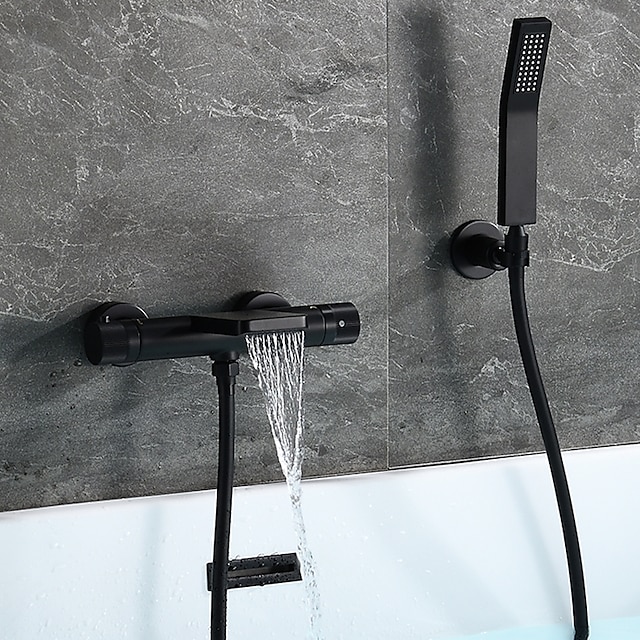 Free Standing Bathtub Faucet Thermostatic Black Painted Finishes Rotatable Shower Seat Waterfall and Spray Mode Bath Shower Mixer Taps with Hot and Cold Water
