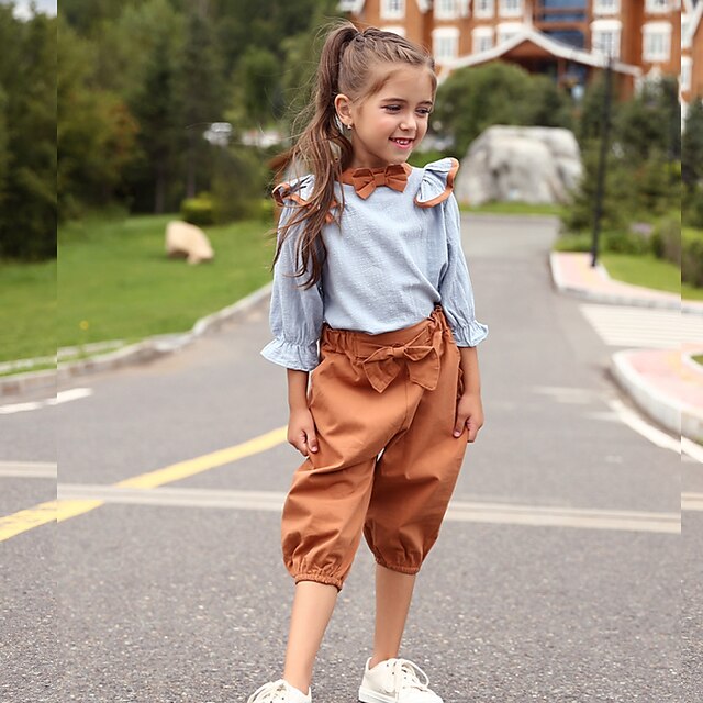 Baby & Kids Girls Clothing | Kids Girls Clothing Set Long Sleeve Khaki Patchwork Cotton Active Vintage - GN42265