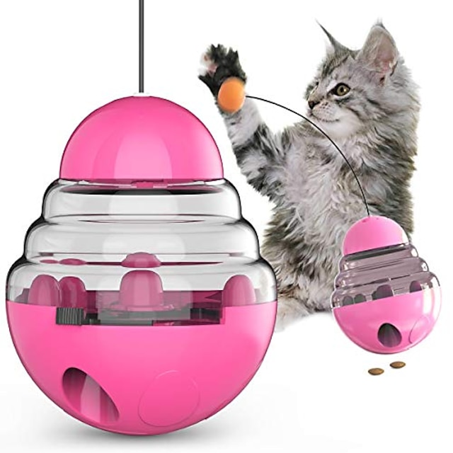  interactive funny cat toys, 3 in 1 treat feeder ball with automatic spinning tumbler, cat feather wand and food dispenser for kitten cat funny exercise chaser training (pink)