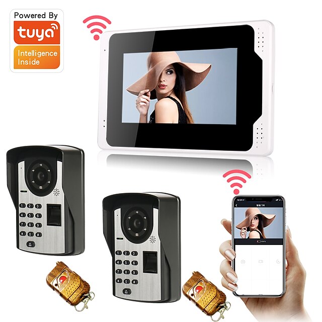  7 WiFi/Wired Tuya APP Monitor Video Door Phone System 1080P Camera with Fingerprint Password Multi-languages Remote Phone Control Motion Recording