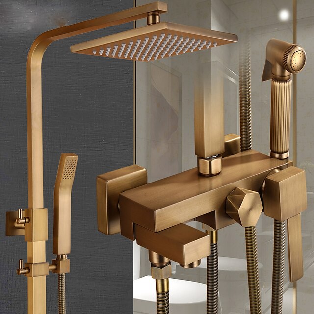  Antique Brass Shower System Set, Mount Outside Pullout Rainfall Shower Vintage Style Ceramic Valve Bath Shower Mixer Taps with Multi Spray Shower and Hot/Cold Switch
