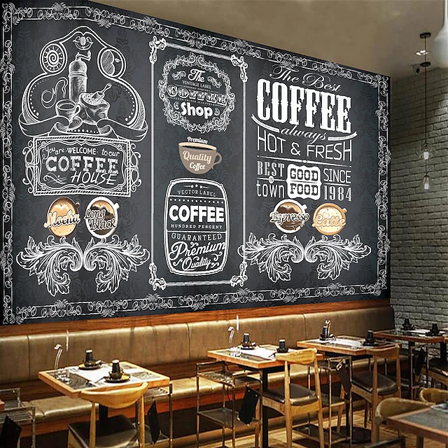 Coffee Cafe Mural Wallpaper Wall Sticker Covering Print Peel and Stick Self Adhesive Removable for Coffee Cafe Blackboard Canvas Home Décor Multiple Size 18