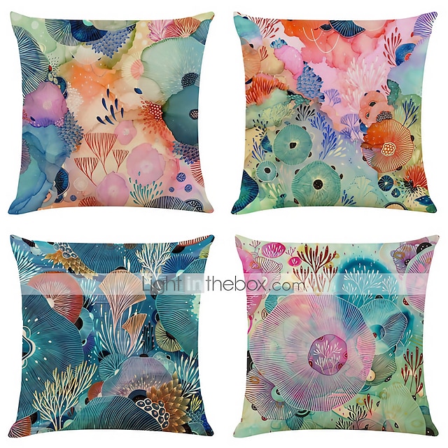  Set of 4 Colorful Sea World Square Decorative Throw Pillow Cases Sofa Cushion Covers Faux Linen Cushion for Sofa Couch Bed Chair