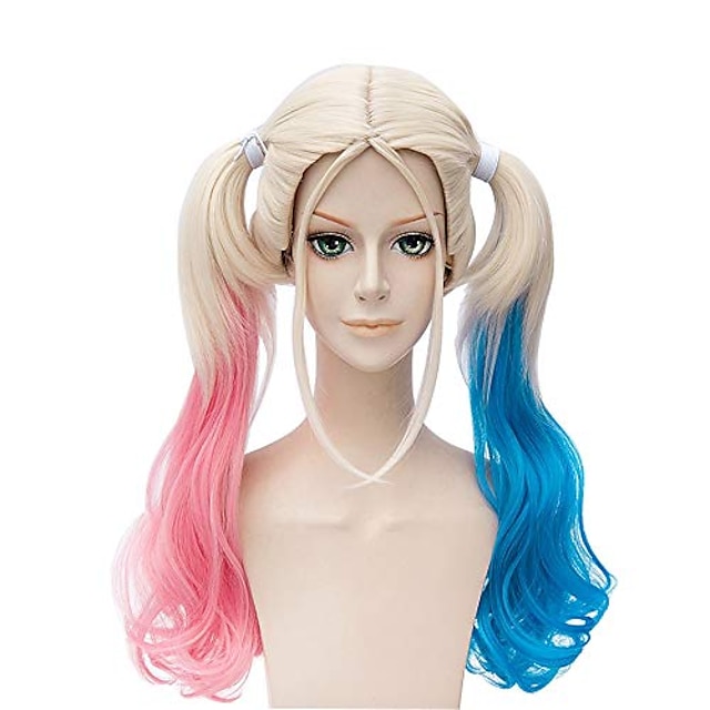  harley quinn női hosszú szőke paróka két göndör lófarokkal, rózsaszín és kék harley quinn anime cosplay többszínű lolita hajú paróka