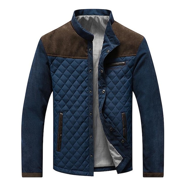men's contrast stand collar button down quilted jacket (large, navy ...