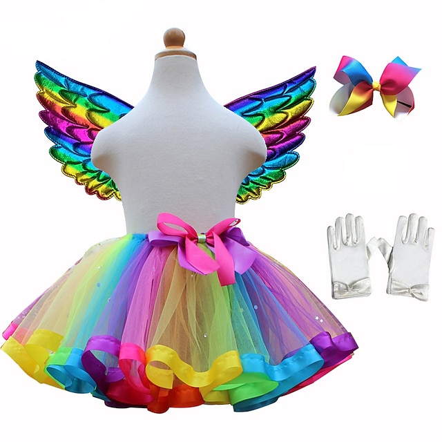  Princess Skirt Cosplay Costume Wings Girls' Movie Cosplay Tutus Festival / Holiday Rainbow Skirt Gloves Wings Christmas Halloween Carnival Polyester / Cotton Polyester / Bow