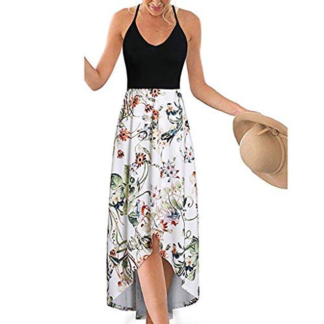  maxi φορέματα για γυναίκες καλοκαίρι, γυναικεία λαιμόκοψη αμάνικο καλοκαιρινό ασυμμετρικό μοτίβο floral maxi φορέματα