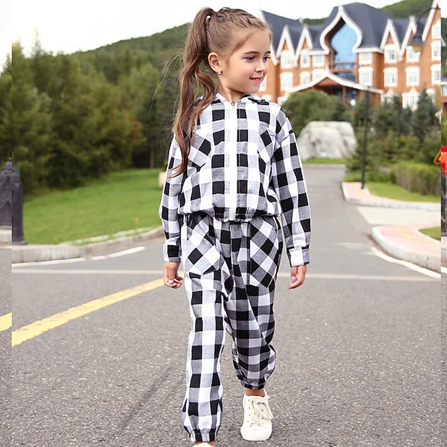  Kids Girls' Clothing Set Long Sleeve Black Plaid Cotton Basic Streetwear
