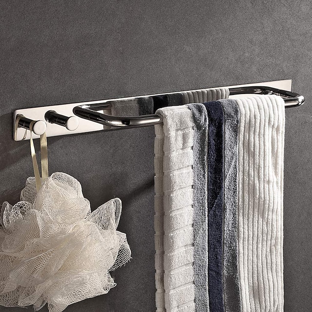 Home & Garden Bath Accessories | Bathroom Shelf with 2 Hooks Multifunctional Towel Bar Self-adhesive Wall Mounted Stainless Stee