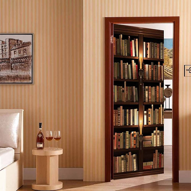 3D Bookcase Self-adhesive Waterproof Door Stickers Living Room DIY Home ...