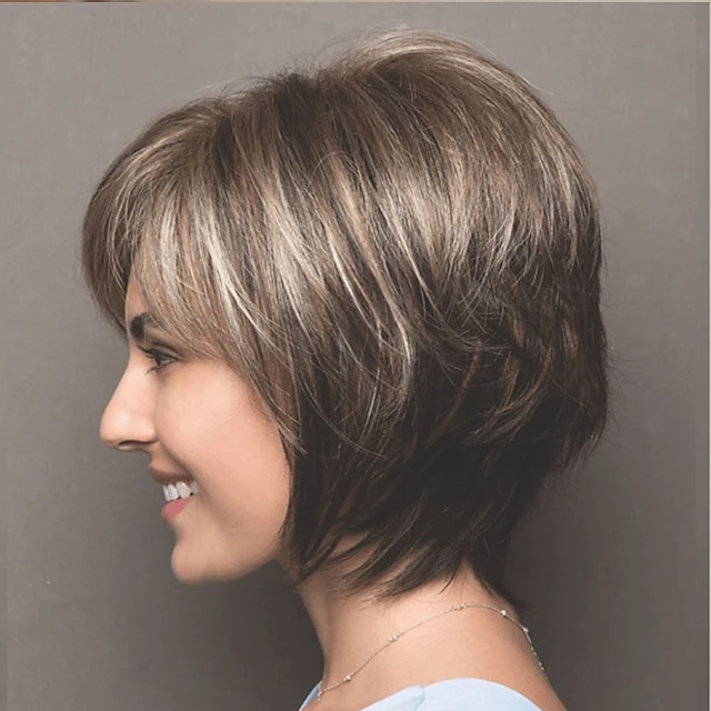 Beauty & Hair Wigs & Hair Pieces | Synthetic Wig Pixie Cut Wig Short Brown Silver Wig for Women Mixe Color Wigs Ombre Wigs - XB1