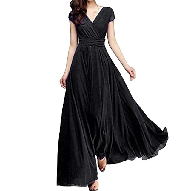  A-Line Party Dress Empire Minimalist Wedding Guest Engagement Dress V Neck Short Sleeve Floor Length Chiffon with Pure Color 2024