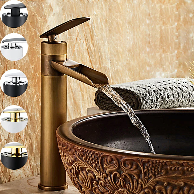 Waterfall Bathroom Sink Mixer Faucet Tall, Antique Brass Single Handle Basin Taps with Cold and Hot Hose 15