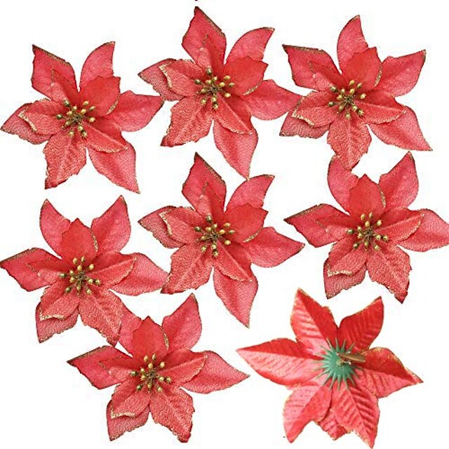  12db csillogó mikulásvirág karácsonyfa dísz mesterséges esküvői karácsonyi virágok karácsonyfa koszorúk dekor dísz, 5,5 hüvelyk, vörös és arany választás (piros)