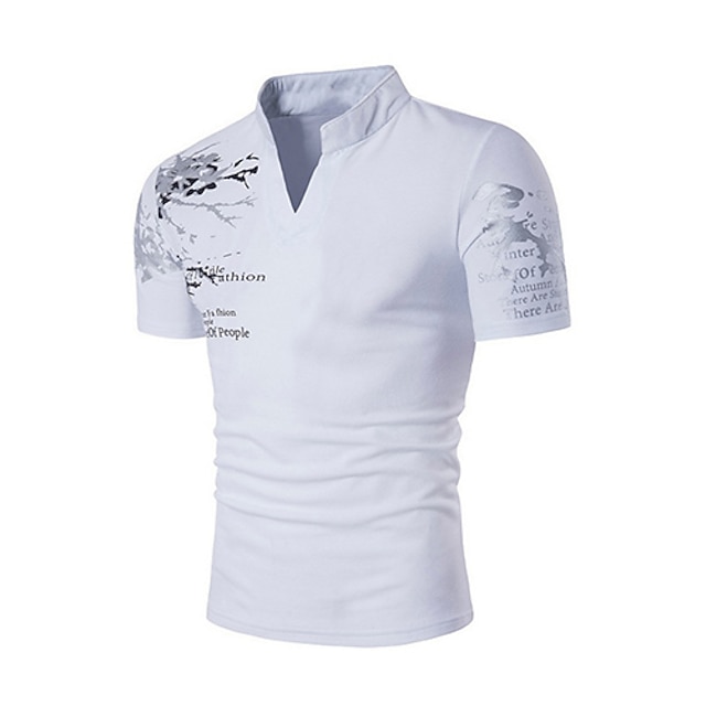 

Men's T shirt Shirt Graphic Solid Colored Stand Collar Daily Sports Print Short Sleeve Slim Tops Cotton Active Boho White Black Gray / Summer