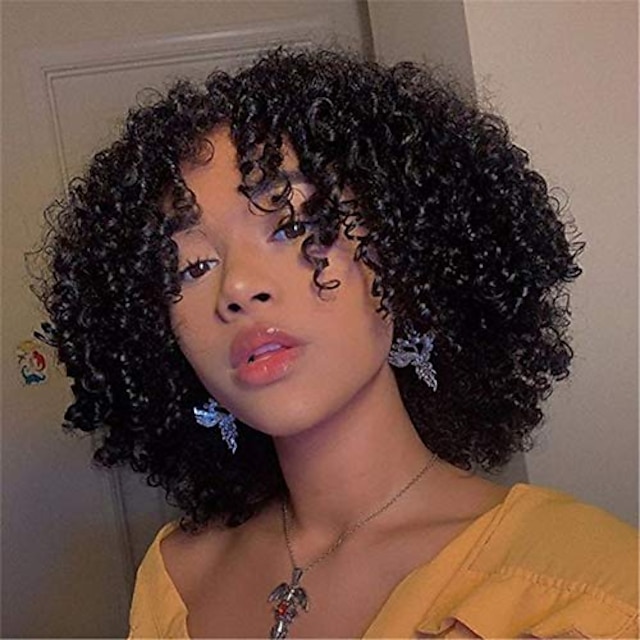  short bob curly synthetic wigs brazilian kinky curly wigs with bangs none lace wigs natural looking for black women