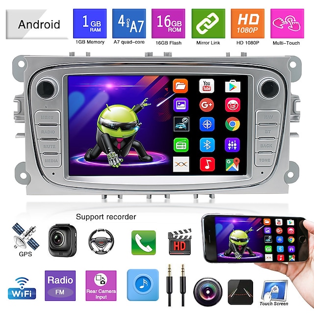  android 9.1 2 din car radio player 7 ιντσών multimedia player για ford focus 2 mk2 exi mt 3 s-max mondeo galaxy ii kuga c-max no dvd