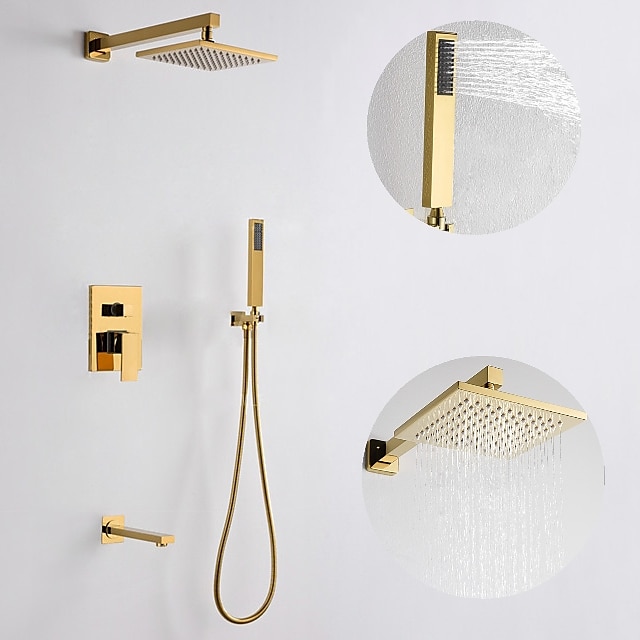  Shower Faucet,8 Inch Gold Shower Faucets Sets Complete with Stainless Steel Shower Head, Solid Brass Handshower, and Rotary Nozzle Wall Mounted Installation Rainfall Shower Head System
