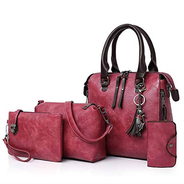  women's tassel shoulder bags retro simple handbags wallets crossbody multipurpose bags set 4 pcs (pink)
