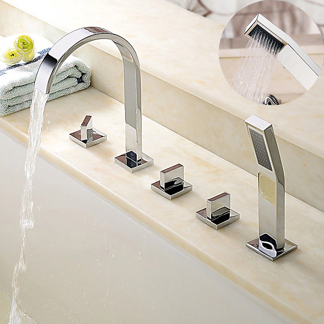 Bathtub Faucet Deck Mounted, Bathroom Faucet Bath Roman Tub Filler Mixer Tap Brass with Handheld, 5 Hole 3 Handle Sprayer with Cold Hot Water Hose 13