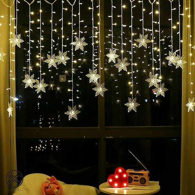  3.5m 96pcs LED Snowflake Star Curtain String Lights with 8 Flash Modes Plug in Fairy Garland Lights for Window Curtain Home Holiday Party Outdoor Décor Waterproof