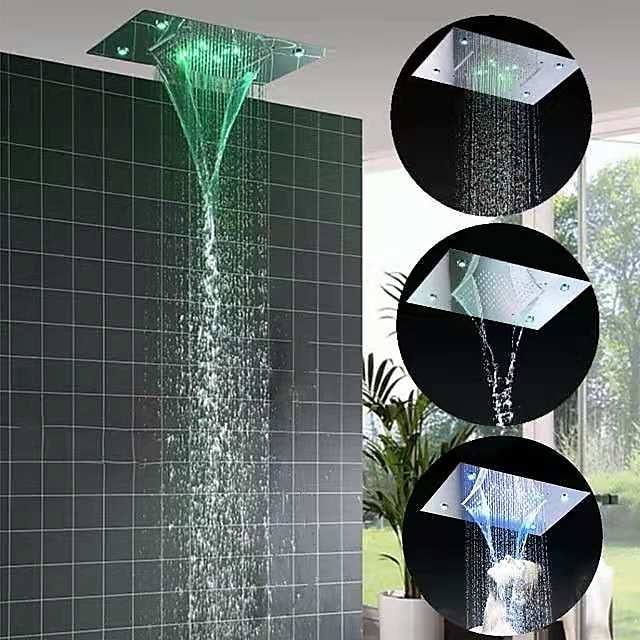  500*360 krom/3-farve LED badeværelses vandhaner regnblander komplet med regnbruser i rustfrit stål loftmonteret farveændring efter vandtemperatur, vandkraft, intet batteri nødvendigt