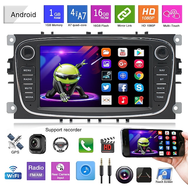  Android-Autoradio für Ford GPS-Navigation 7-Zoll-kapazitiver Touchscreen-Automultimedia-Player Android-GPS-WLAN-Autoradio für Ford/Focus/Mondeo/S-Max/C-Max/Galaxy-Radio Rückfahrkamera