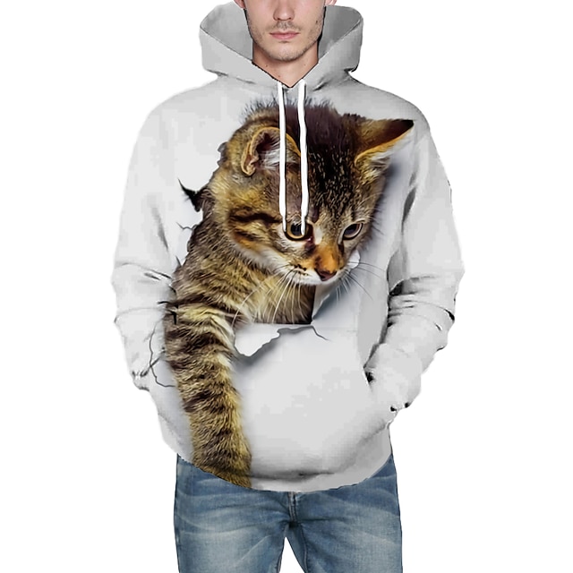  Hombre Graphic Caricatura Gato Sudadera Sudaderas Activo Estilo lindo Manga Larga Con Capucha Diario Azul vaquero Negro Bolsillo delantero Diseñador