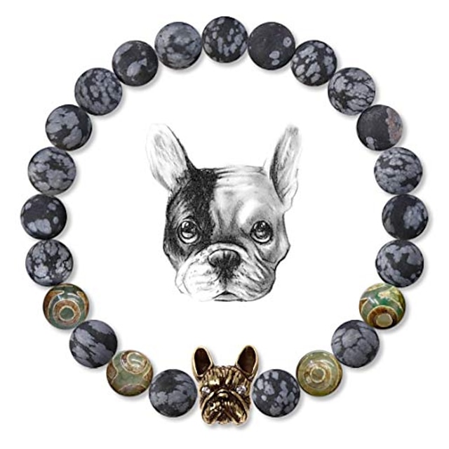  8mm real snowflake obsidian beaded bracelet with french bulldog mascot theme and natural dzi agate meditation gemstone beads anxiety healing crystal bracelet dog lover friendship gift unisex