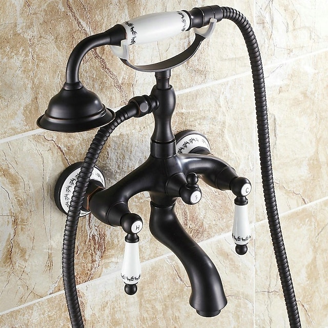  rubinetto lavabo bagno, installazione a parete a forma di telefono in ottone diffuso estraibile stile country finitura rame elettrolitico due maniglie rubinetto vasca con doccetta e scarico