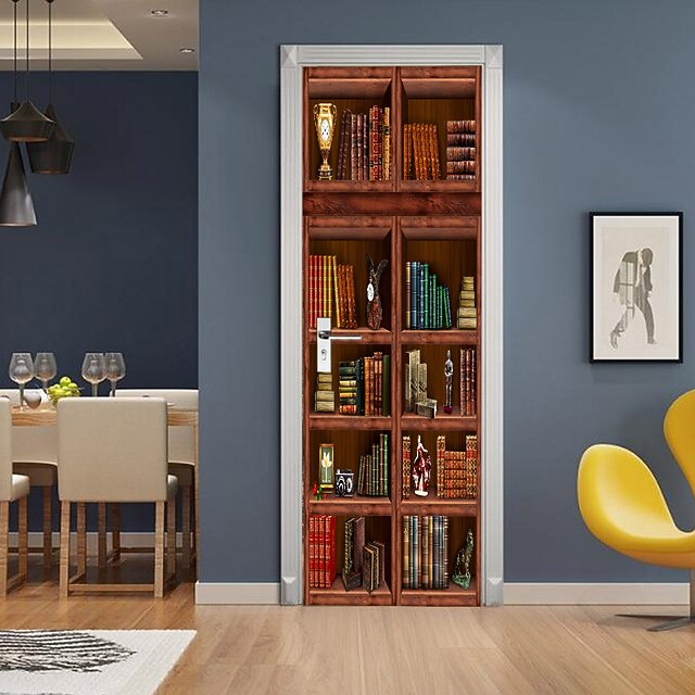 Selfadhesive Creative Door Stickers Retro Bookcase Living Room Diy