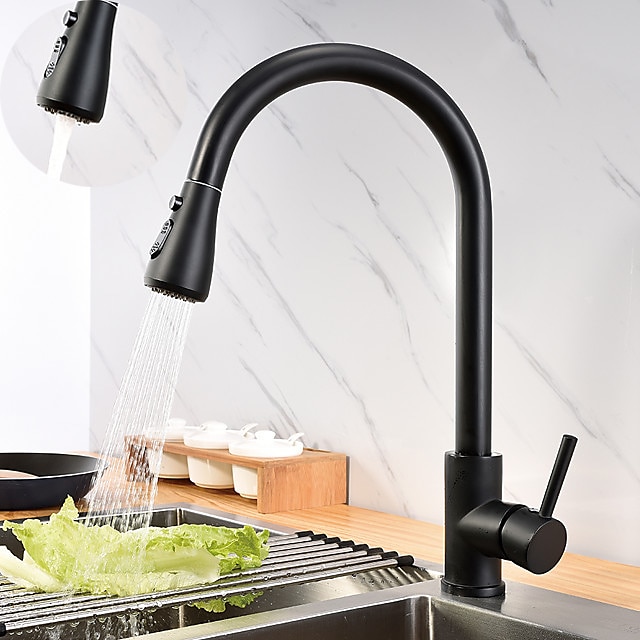  Kitchen Sink Mixer Faucet with Pull Out Sprayer Black, 360 Swivel Single Handle Kitchen Taps Deck Mounted, One Hole Brass Kitchen Sink Faucet Water Vessel Taps