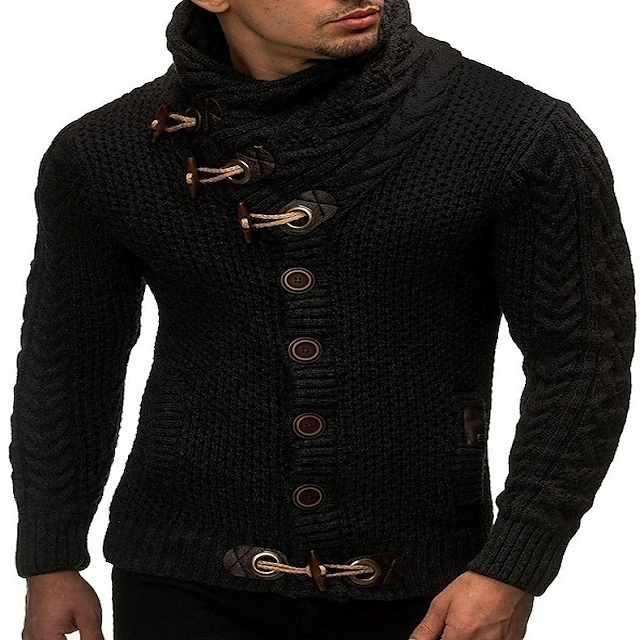 Men's Sweater Cardigan Turtleneck Sweater Ribbed Knit Scarf Striped ...